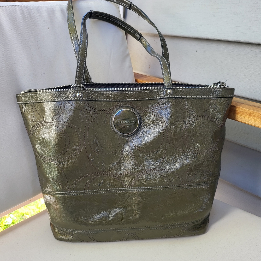 Coach  Olive Green Tote Bag. Glossy Finish With Signature Emblem. 2010